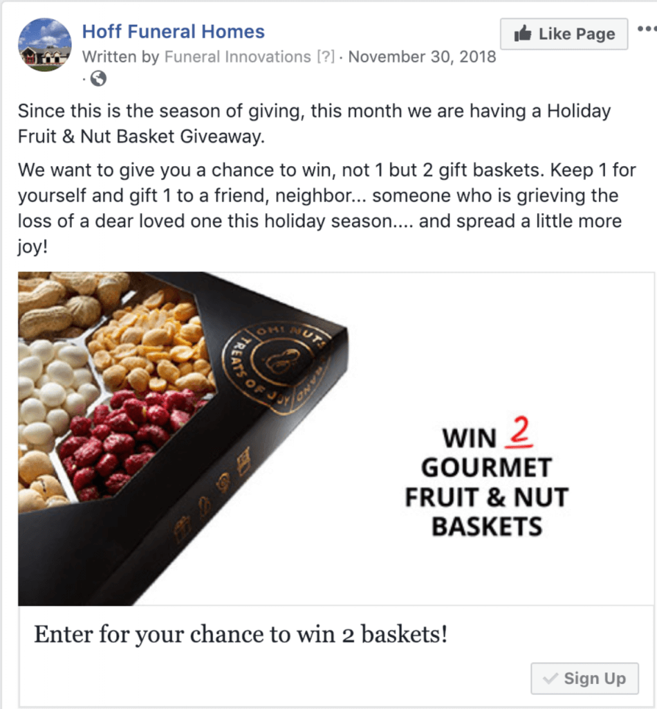 Hoff Funeral Home FB giveaway example